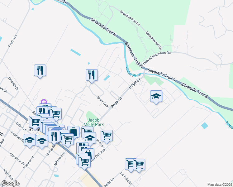 map of restaurants, bars, coffee shops, grocery stores, and more near 1130 Peppertree Circle in Saint Helena