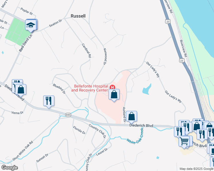 map of restaurants, bars, coffee shops, grocery stores, and more near 322 Saint Christopher Drive in Ashland