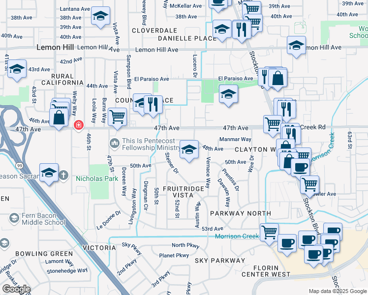 map of restaurants, bars, coffee shops, grocery stores, and more near 5124 48th Avenue in Sacramento