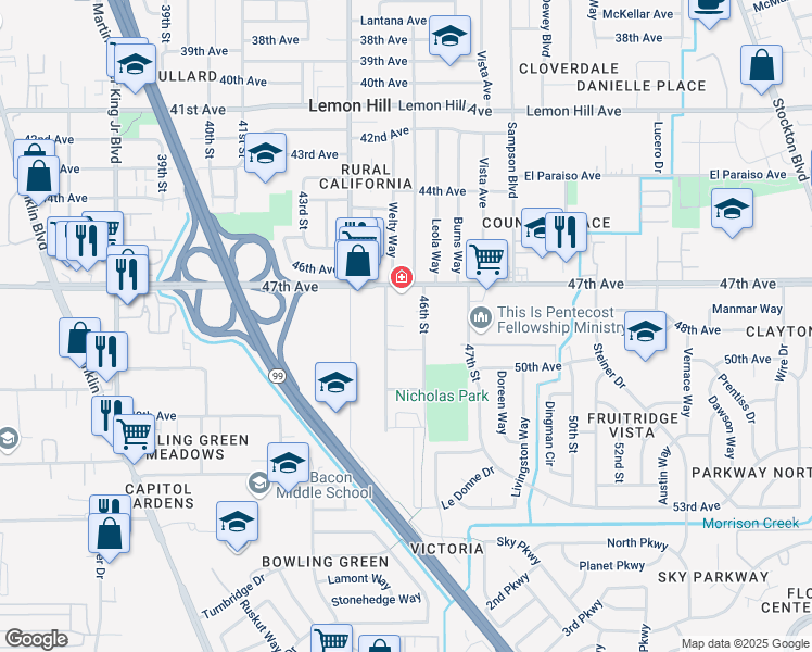 map of restaurants, bars, coffee shops, grocery stores, and more near 6446 46th Street in Sacramento
