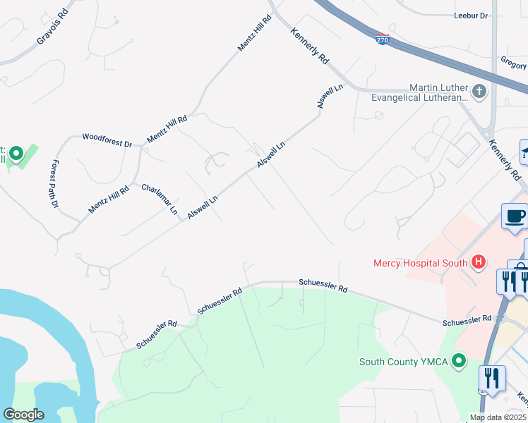 map of restaurants, bars, coffee shops, grocery stores, and more near 12404 Alswell Lane in St. Louis