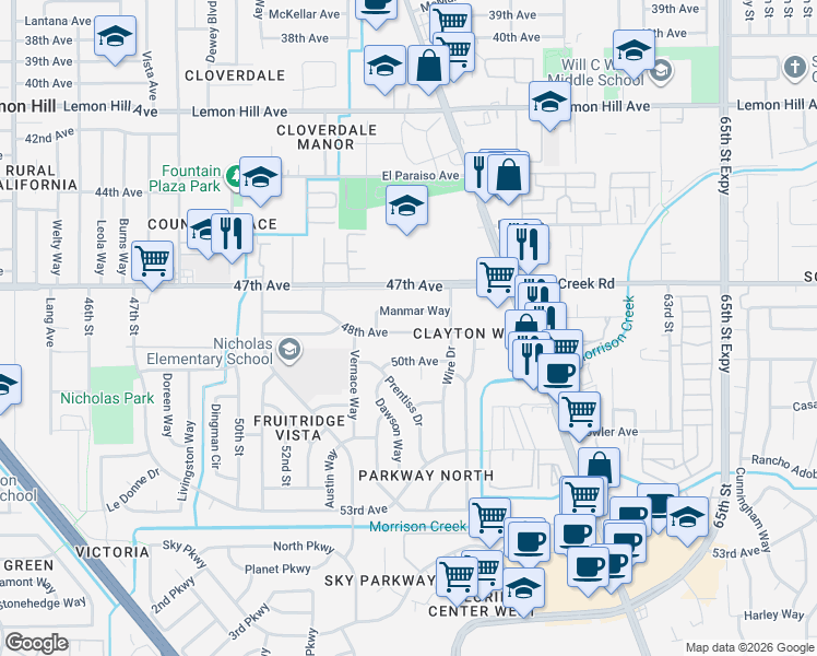 map of restaurants, bars, coffee shops, grocery stores, and more near 5636 Manmar Way in Sacramento