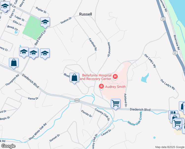 map of restaurants, bars, coffee shops, grocery stores, and more near 101-249 Cs-3061 in Russell