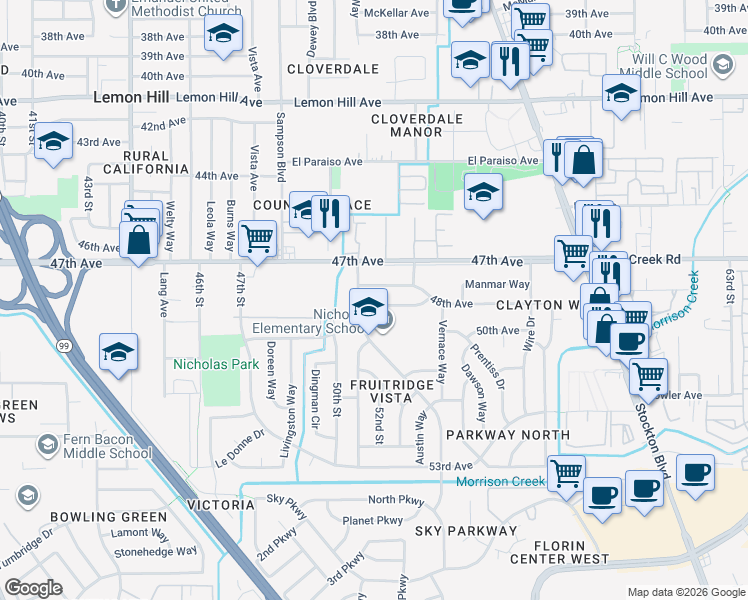 map of restaurants, bars, coffee shops, grocery stores, and more near 5124 48th Avenue in Sacramento