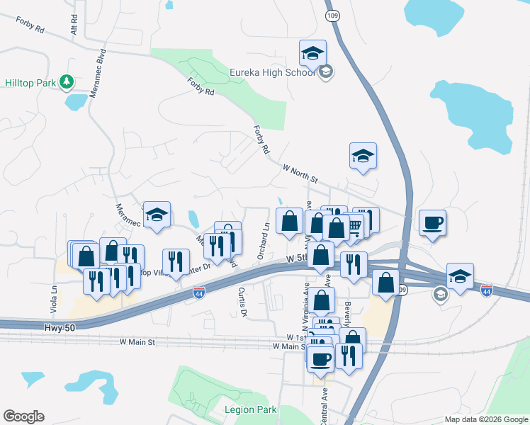 map of restaurants, bars, coffee shops, grocery stores, and more near 611 Orchard Lane in Eureka
