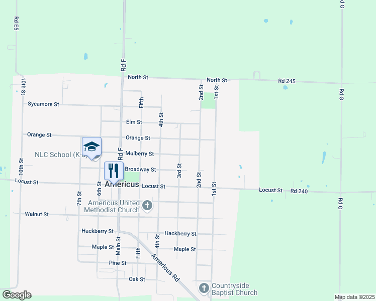 map of restaurants, bars, coffee shops, grocery stores, and more near 215 Mulberry Street in Americus