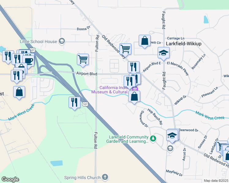 map of restaurants, bars, coffee shops, grocery stores, and more near 5220 Fulton Road in Santa Rosa