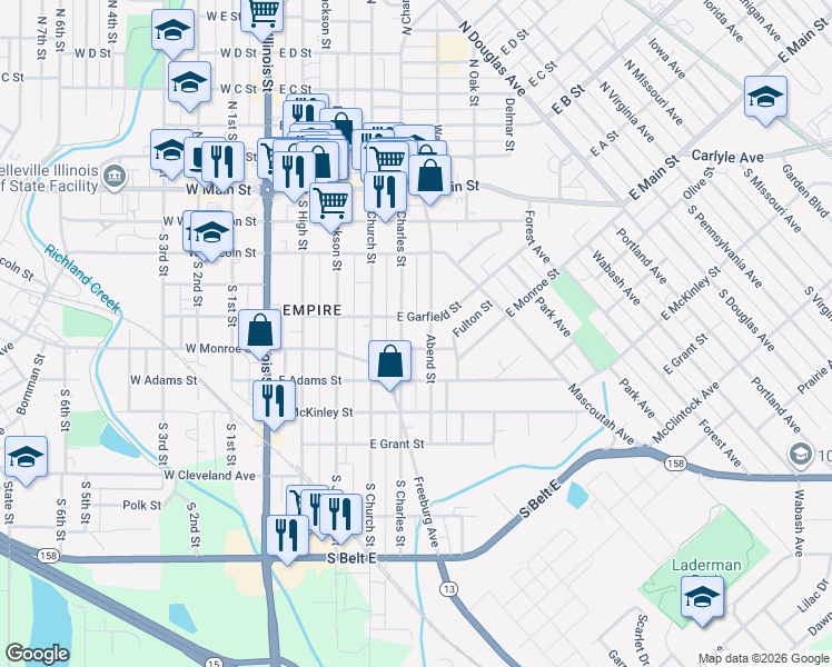 map of restaurants, bars, coffee shops, grocery stores, and more near 400 South Charles Street in Belleville