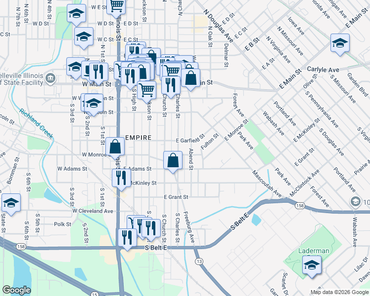 map of restaurants, bars, coffee shops, grocery stores, and more near 400 South Charles Street in Belleville