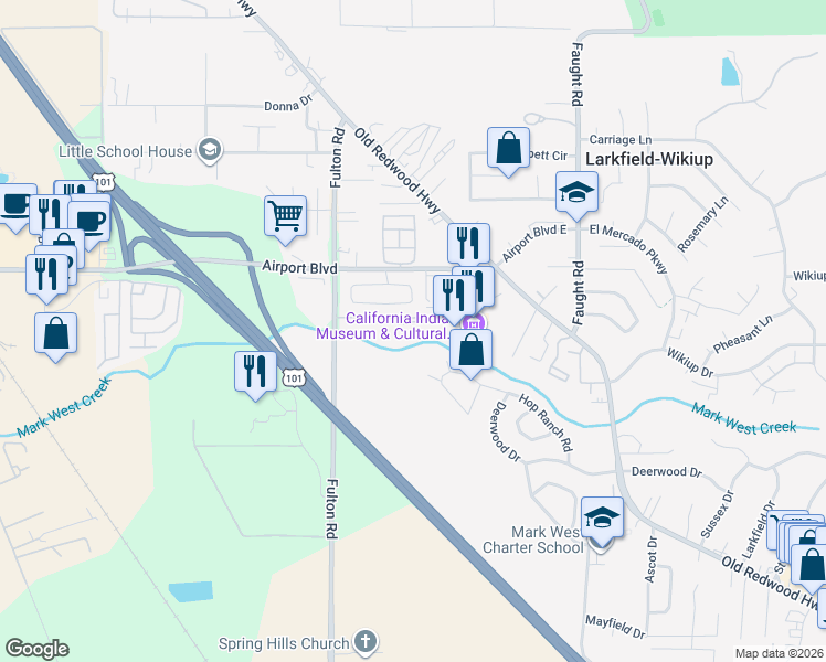 map of restaurants, bars, coffee shops, grocery stores, and more near 5210 Fulton Road in Santa Rosa