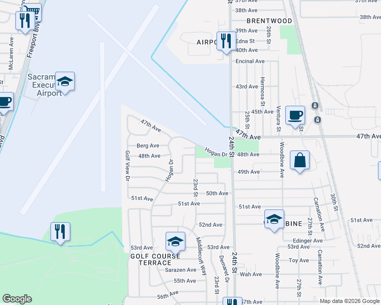 map of restaurants, bars, coffee shops, grocery stores, and more near 2261 Arliss Way in Sacramento