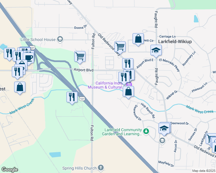 map of restaurants, bars, coffee shops, grocery stores, and more near 5210 Fulton Road in Santa Rosa