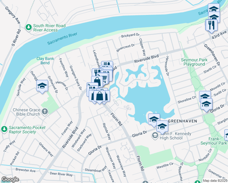 map of restaurants, bars, coffee shops, grocery stores, and more near 1 Shoal Court in Sacramento