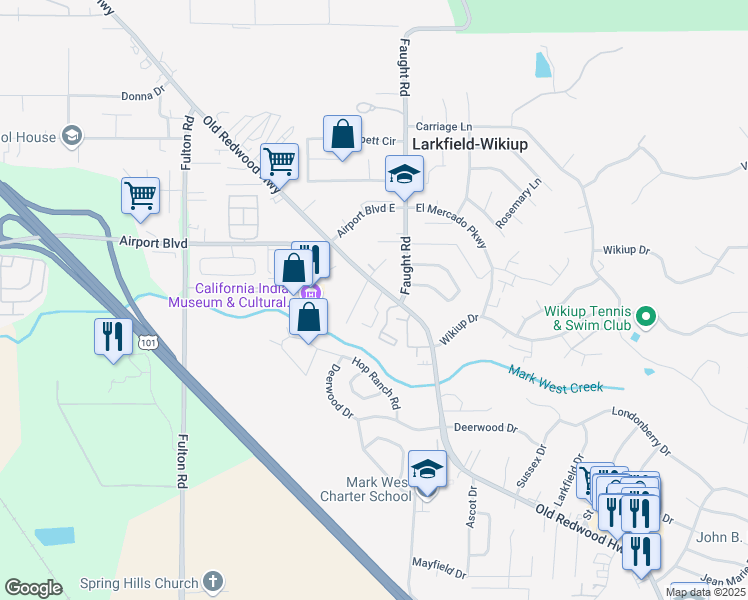 map of restaurants, bars, coffee shops, grocery stores, and more near 5217 Old Redwood Highway in Larkfield-Wikiup