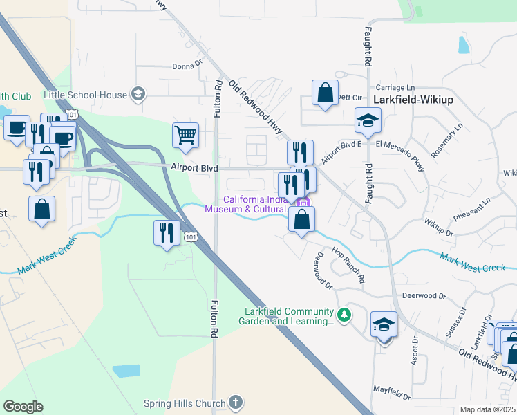 map of restaurants, bars, coffee shops, grocery stores, and more near 5210 Fulton Road in Santa Rosa