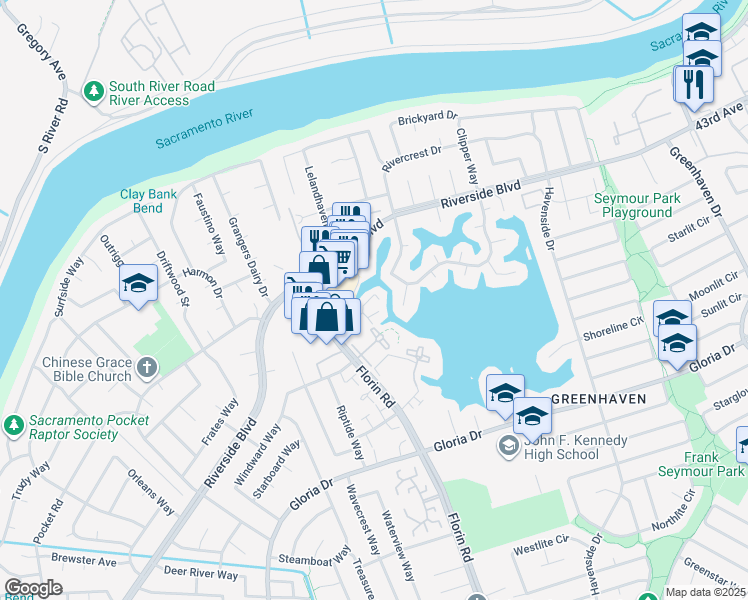 map of restaurants, bars, coffee shops, grocery stores, and more near 1 Shoal Court in Sacramento