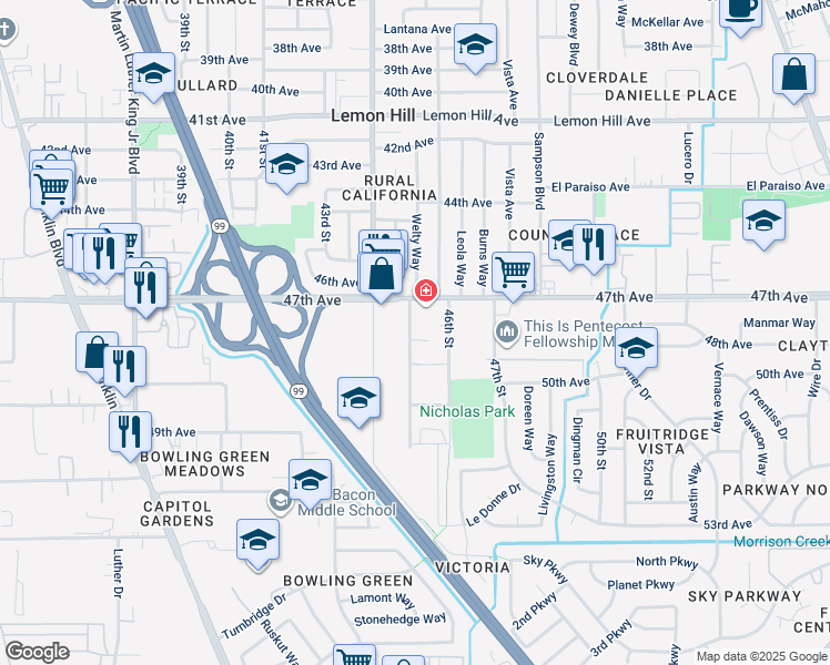 map of restaurants, bars, coffee shops, grocery stores, and more near 6433 Lang Avenue in Sacramento