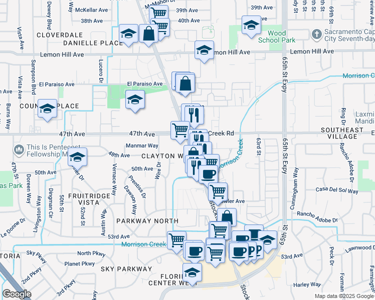 map of restaurants, bars, coffee shops, grocery stores, and more near 6434 Stockton Boulevard in Sacramento