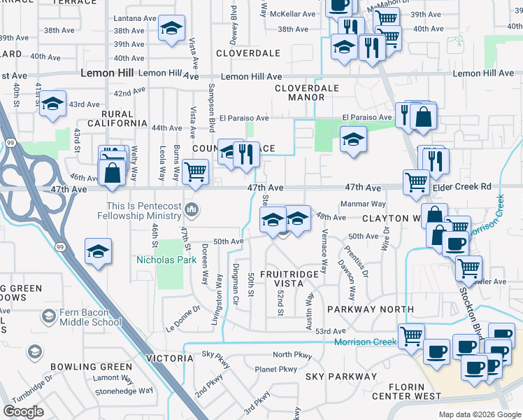 map of restaurants, bars, coffee shops, grocery stores, and more near 6430 Steiner Drive in Sacramento