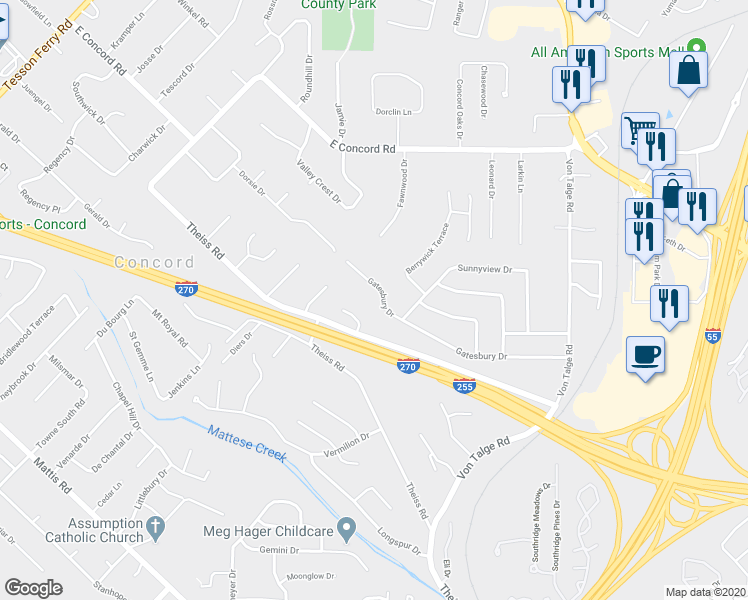 map of restaurants, bars, coffee shops, grocery stores, and more near 4838 Gatesbury Drive in St. Louis