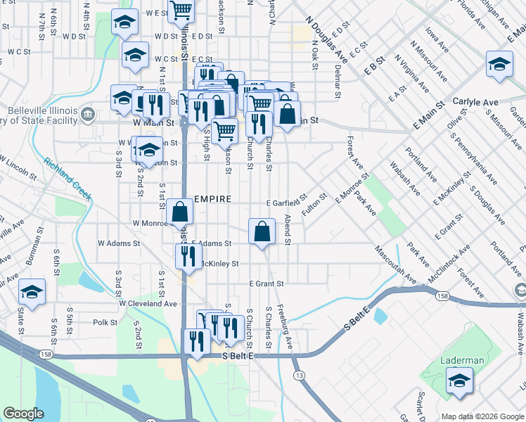 map of restaurants, bars, coffee shops, grocery stores, and more near 409 South Charles Street in Belleville