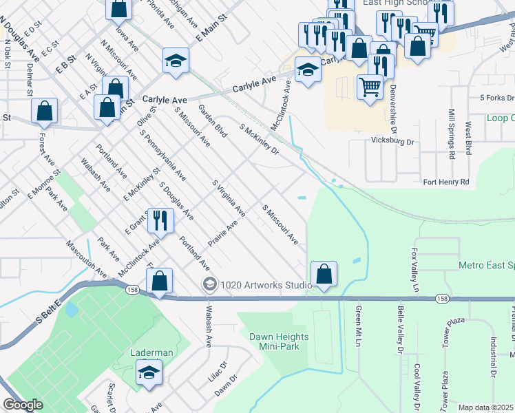 map of restaurants, bars, coffee shops, grocery stores, and more near 543 South Missouri Avenue in Belleville