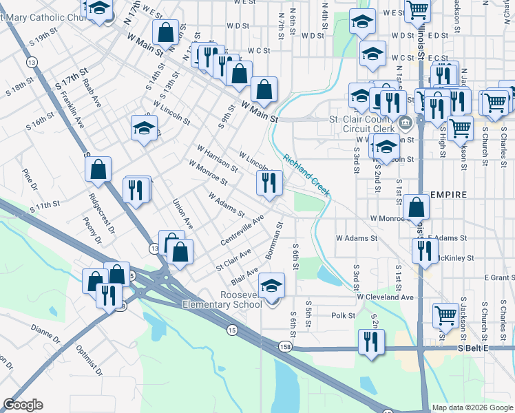 map of restaurants, bars, coffee shops, grocery stores, and more near 341 Centreville Avenue in Belleville
