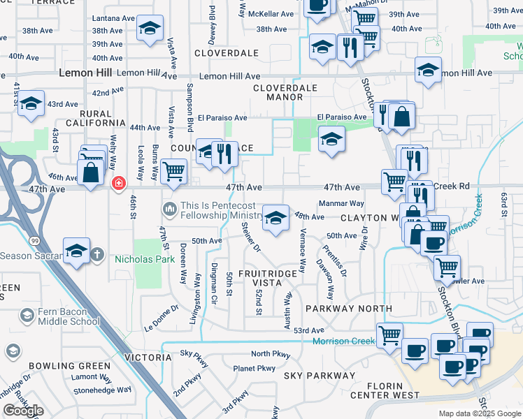 map of restaurants, bars, coffee shops, grocery stores, and more near 5124 48th Avenue in Sacramento