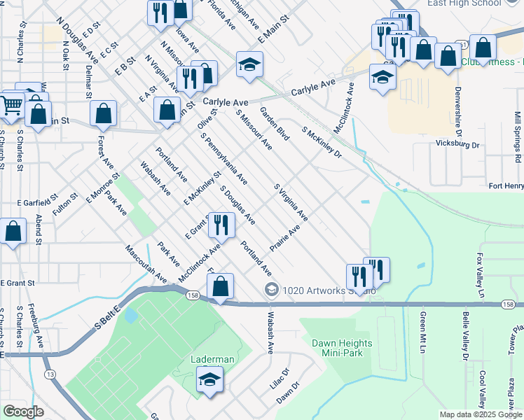 map of restaurants, bars, coffee shops, grocery stores, and more near 501 S Pennsylvania Ave in Belleville