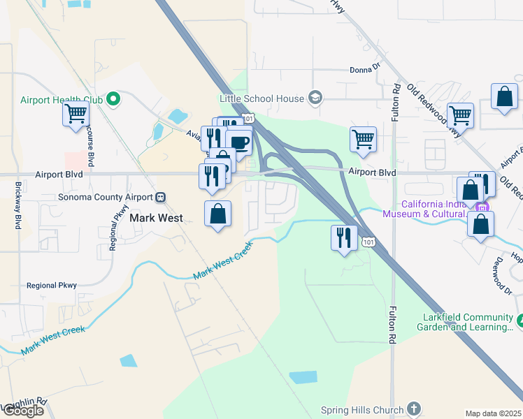 map of restaurants, bars, coffee shops, grocery stores, and more near 5193 Whispering Creek Drive in Santa Rosa