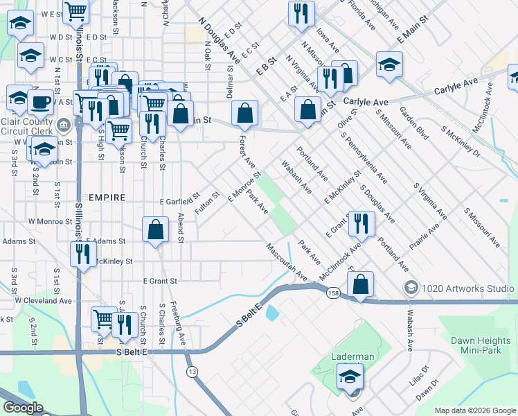 map of restaurants, bars, coffee shops, grocery stores, and more near 533 Park Avenue in Belleville