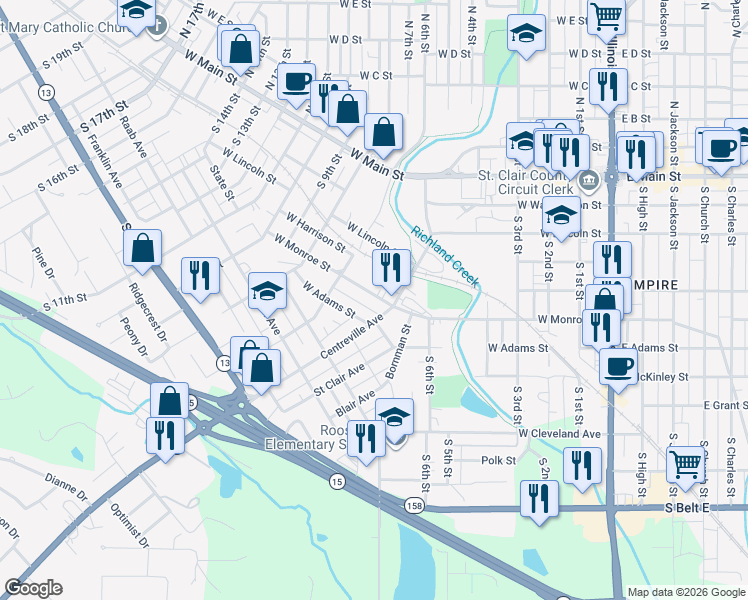 map of restaurants, bars, coffee shops, grocery stores, and more near 341 Centreville Avenue in Belleville