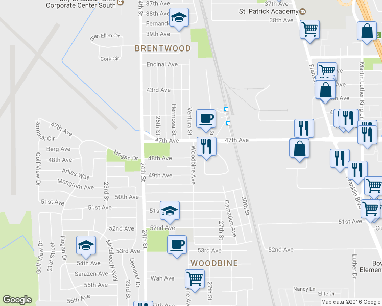 map of restaurants, bars, coffee shops, grocery stores, and more near 6424 Woodbine Avenue in Sacramento