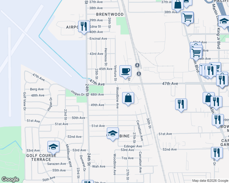 map of restaurants, bars, coffee shops, grocery stores, and more near 6424 Woodbine Avenue in Sacramento