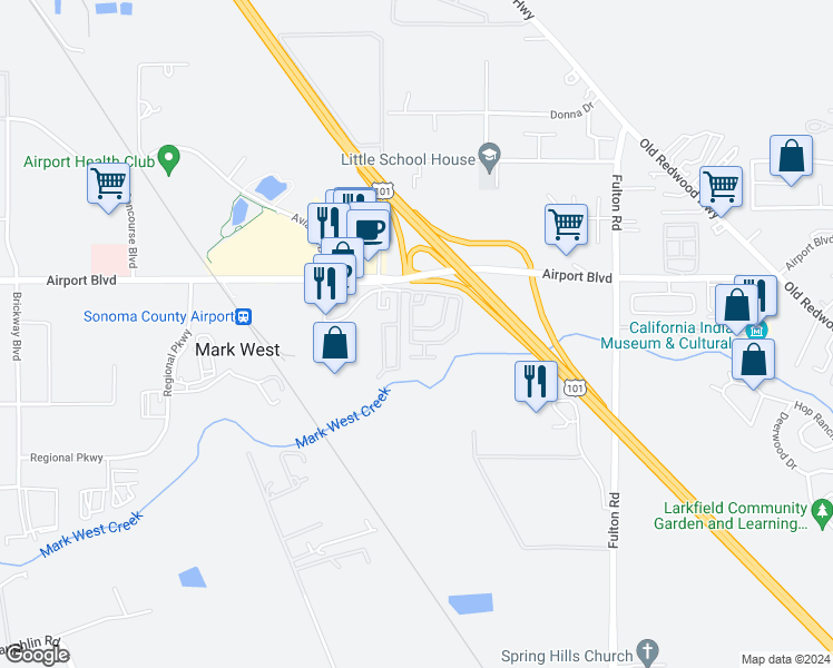 map of restaurants, bars, coffee shops, grocery stores, and more near 5193 Whispering Creek Drive in Santa Rosa