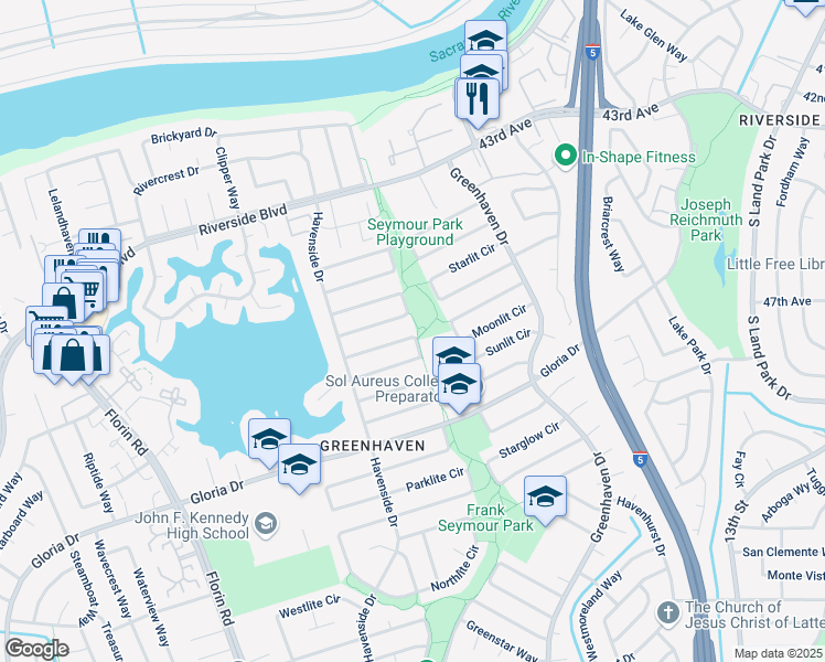 map of restaurants, bars, coffee shops, grocery stores, and more near 43 Shoreline Cir in Sacramento