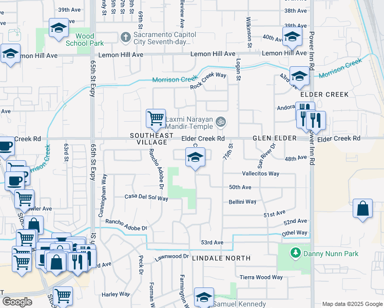 map of restaurants, bars, coffee shops, grocery stores, and more near 6456 Cougar Drive in Sacramento