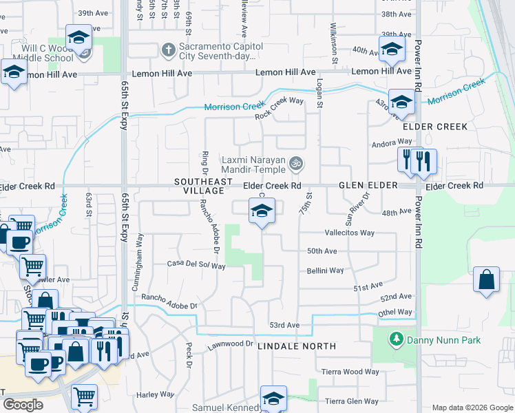 map of restaurants, bars, coffee shops, grocery stores, and more near 6456 Cougar Drive in Sacramento