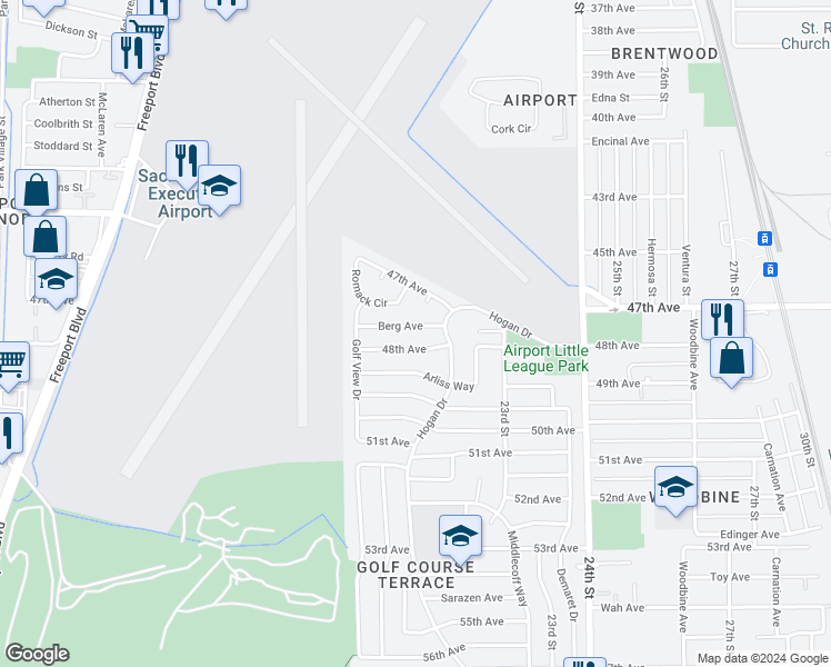 map of restaurants, bars, coffee shops, grocery stores, and more near 2120 Berg Avenue in Sacramento