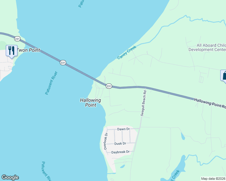 map of restaurants, bars, coffee shops, grocery stores, and more near 6654 Hallowing Point Road in Prince Frederick