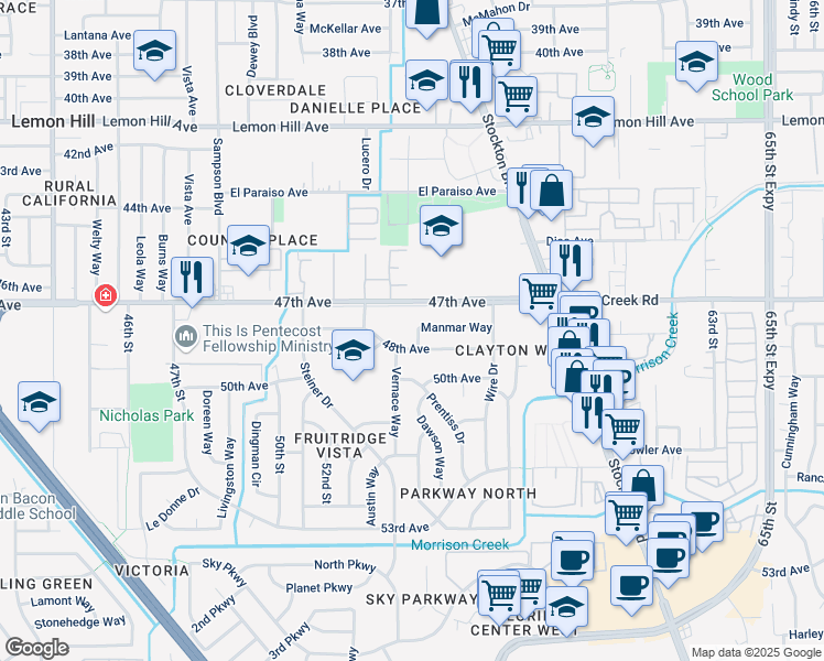 map of restaurants, bars, coffee shops, grocery stores, and more near 5611 Manmar Way in Sacramento