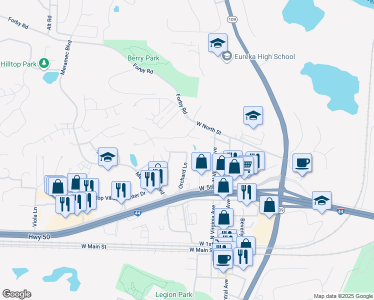 map of restaurants, bars, coffee shops, grocery stores, and more near 601 Orchard Lane in Eureka