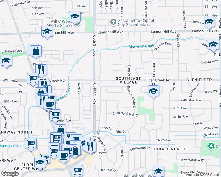 map of restaurants, bars, coffee shops, grocery stores, and more near 6700 Rancho Pico Way in Sacramento