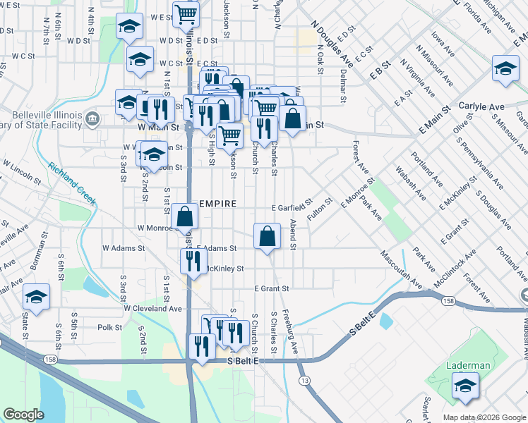 map of restaurants, bars, coffee shops, grocery stores, and more near 409 South Charles Street in Belleville