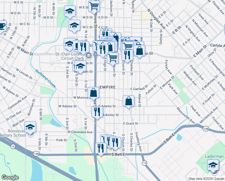 map of restaurants, bars, coffee shops, grocery stores, and more near 401 South Jackson Street in Belleville