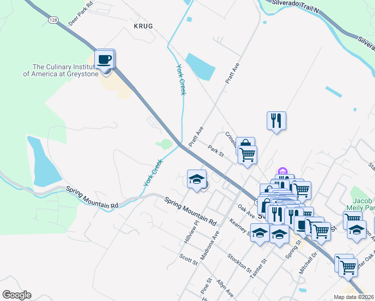 map of restaurants, bars, coffee shops, grocery stores, and more near Main St & Pratt Ave in Saint Helena