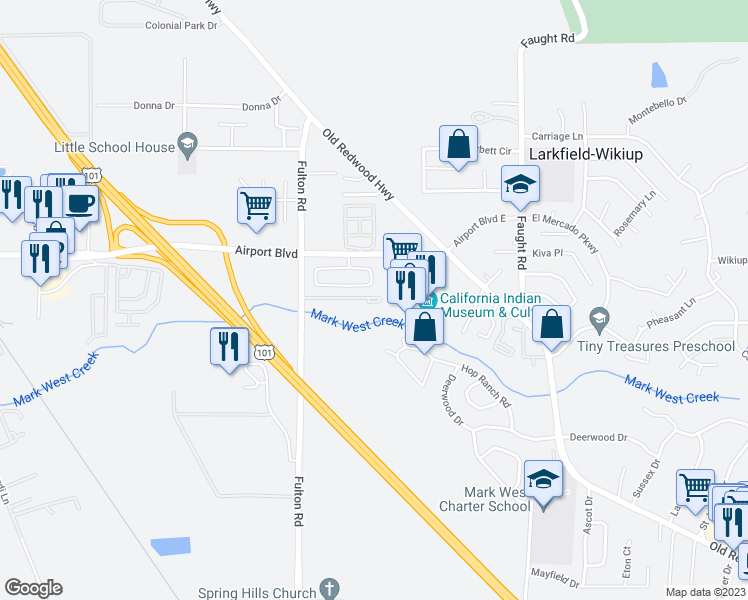 map of restaurants, bars, coffee shops, grocery stores, and more near 5222 Fulton Road in Santa Rosa