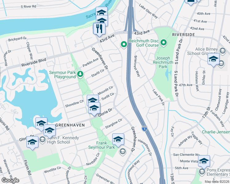 map of restaurants, bars, coffee shops, grocery stores, and more near 1 Sunlit Circle in Sacramento