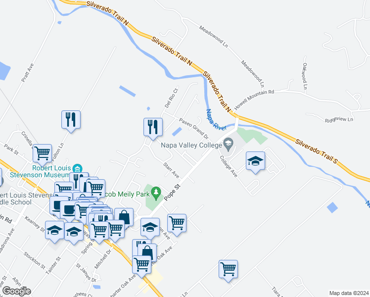 map of restaurants, bars, coffee shops, grocery stores, and more near 1200 Peppertree Circle in Saint Helena