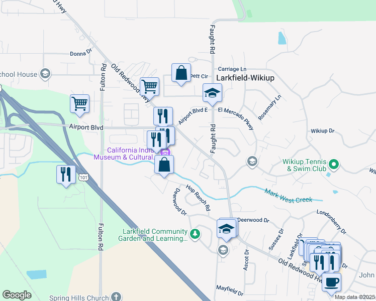 map of restaurants, bars, coffee shops, grocery stores, and more near 109 Creek Way in Santa Rosa